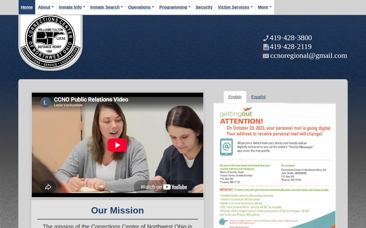 Corrections Center of Northwest Ohio release and inmate contact page