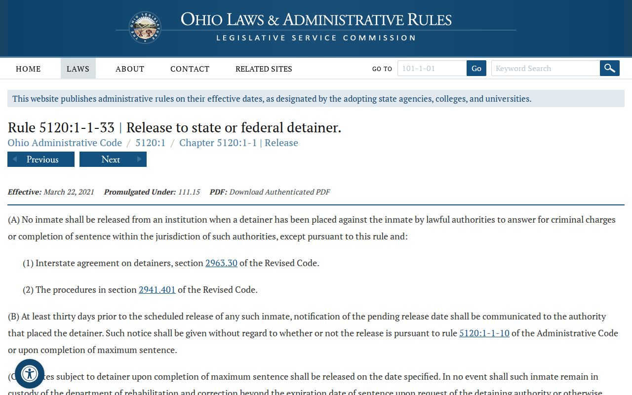 Ohio release to detainer rule relevant to CCNO transfer records