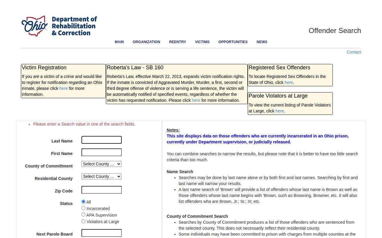 Lucas County released inmates ODRC status search fields
