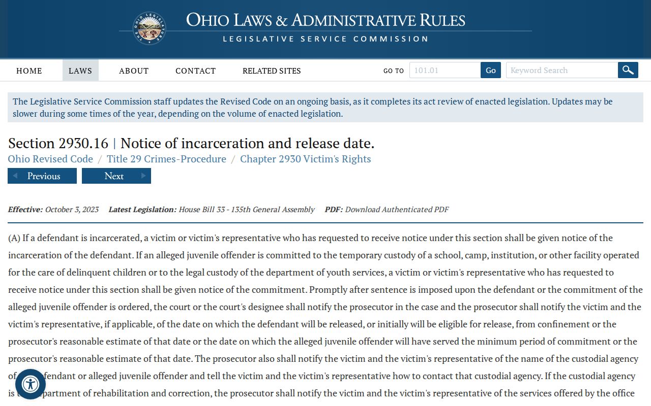 Ohio victim release-notice law for Lucas County VINELink checks